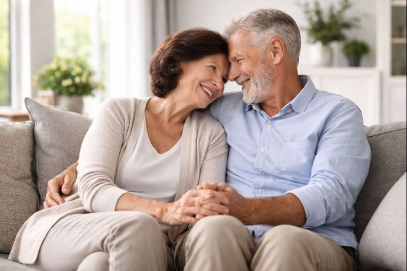 Ein älteres Pärchen, eine Frau und ein Mann sitzen gemeinsam am Sofa, sie halten sich und lehnen ihre Köpfe zusammen, Stirn an Stirn.