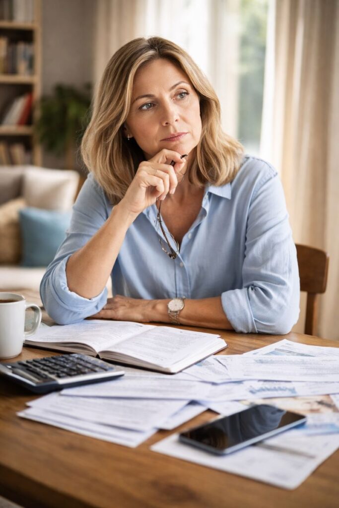 Eine Frau sitzt am Tisch mit vielen Finanzunterlagen, Handy und Taschenrechner, und denkt nach, den Kopf auf die Hand gestützt.