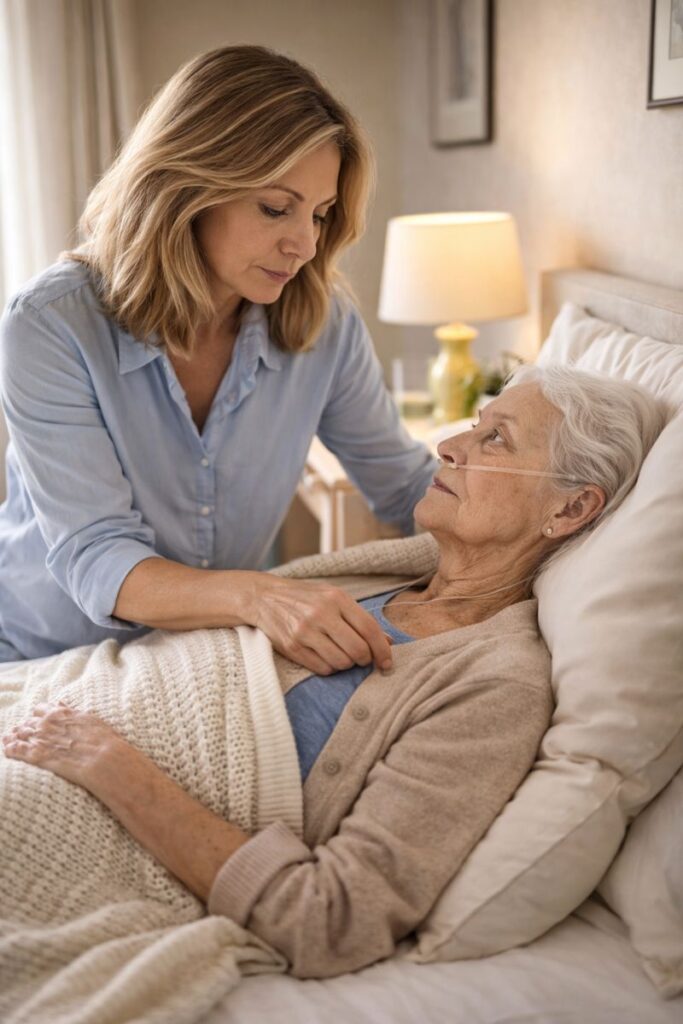 Ein Frau, beugt sich über eine pflegebedürftige alte Frau, die im Bett liegt und richtet ihre Weste.
