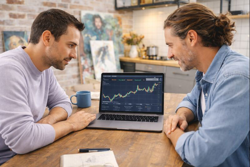 Zwei Männer sitzen sich an einem Tisch gegenüber, am Tisch steht ein Laptop mit einer Kursentwicklung Ihres Investments.