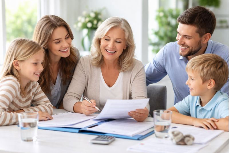 Ein ältere Frau sitzt umringt von Tochter, Schwiegersohn und Enkelkindern an einem Tisch mit vielen Unterlagen.