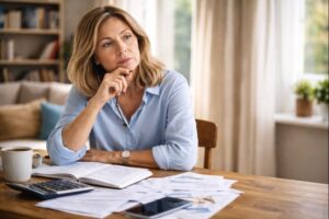 Eine Frau sitzt an einem Tisch, vor ihr Finanzunterlagen, Taschenrechner und Mobiltelefon und denkt nach, ihr Kopf auf ihrer Hand abgestützt.