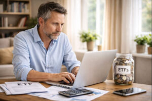 Ein Mann sitzt vor dem Laptop, rundherum am Tisch Unterlagen zum Investieren mit ETFs, ein Glas mit Münzen mit der Aufschrift ETFs steht auch am Tisch.